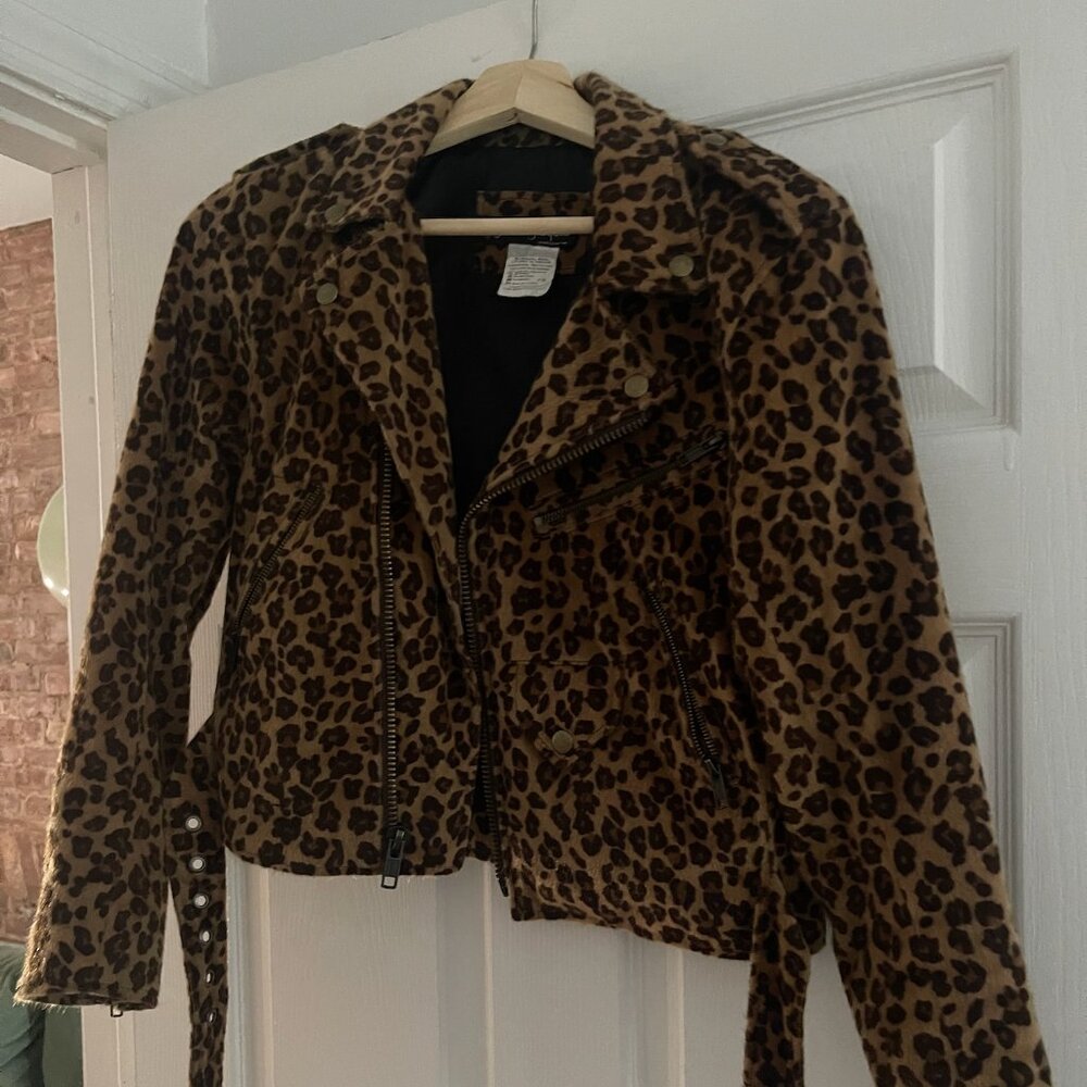 Leopard Print Moto Jacket | Faux Ponyhair Biker Style with Belt
